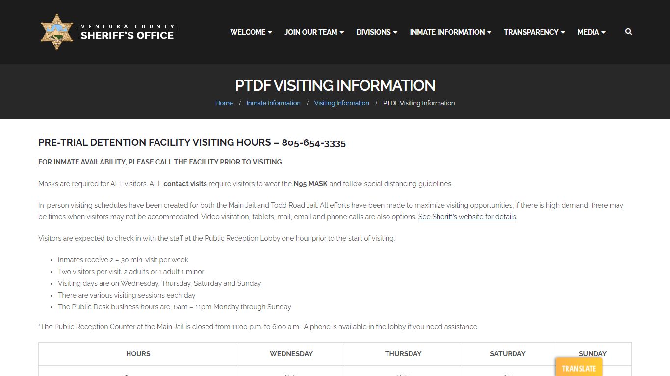 PTDF Visiting Information - Ventura County Sheriff's Office
